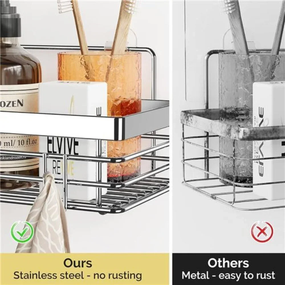 Adhesive Shower Caddy Soap Dish Holder Shelf with 5 Hooks Bathroom